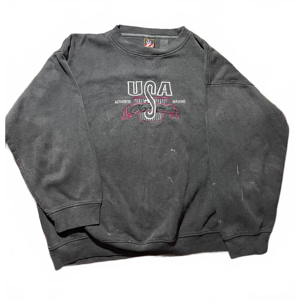 Vintage USA Olympic Crewneck Sweatshirt‎ Black Waffle Knit Authentic Brand XL